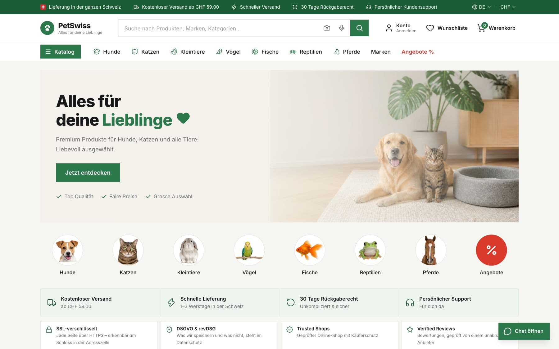 Первый экран сайта PetSwiss